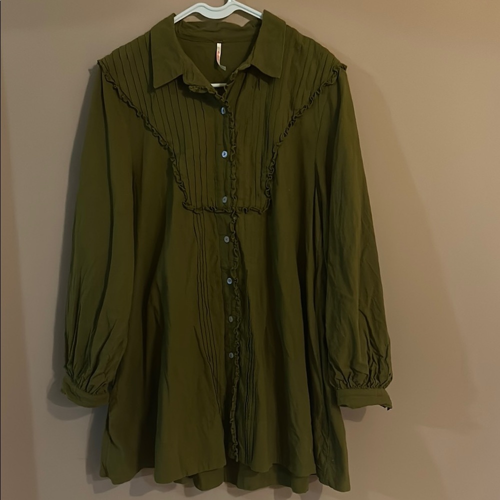 Free People Pintuck Green Puff Sleeve Button Down Blouse Tunic Shirt